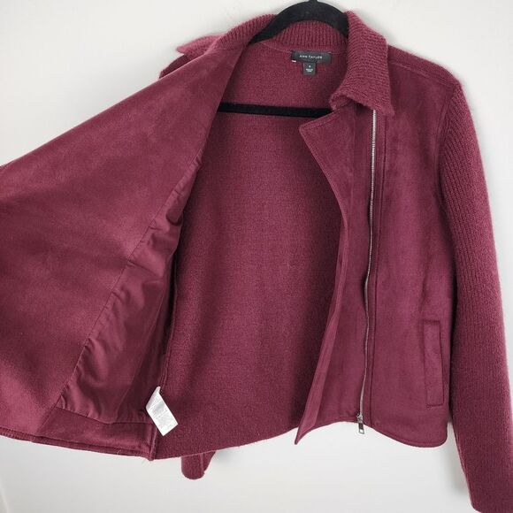 Ann Taylor Moto Jacket Faux Suede Knit Zip Sweater Burgundy Size M - Picture 4 of 14